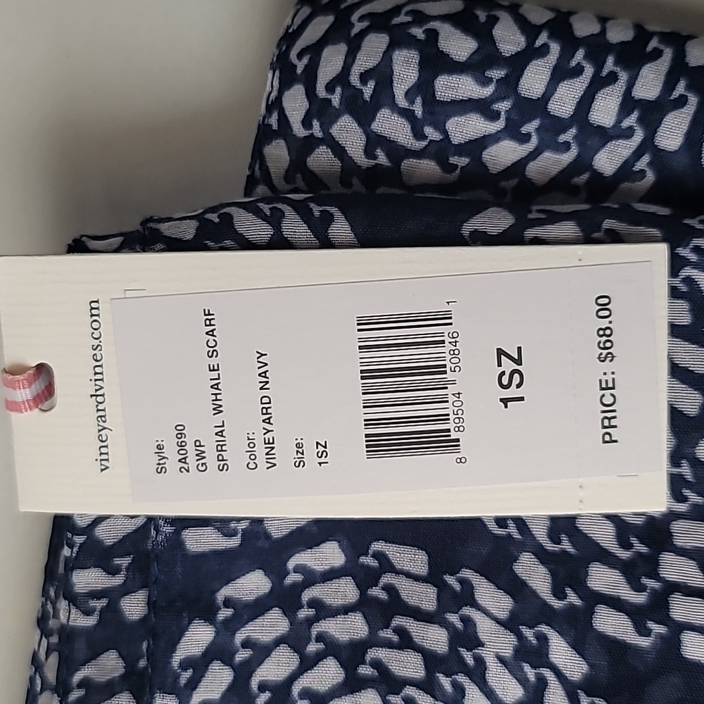 🐳 🐳 Vineyard Vines Spiral Whale Scarf Sheer Navy Blue & White 72"x20" NWT - Picture 5 of 5